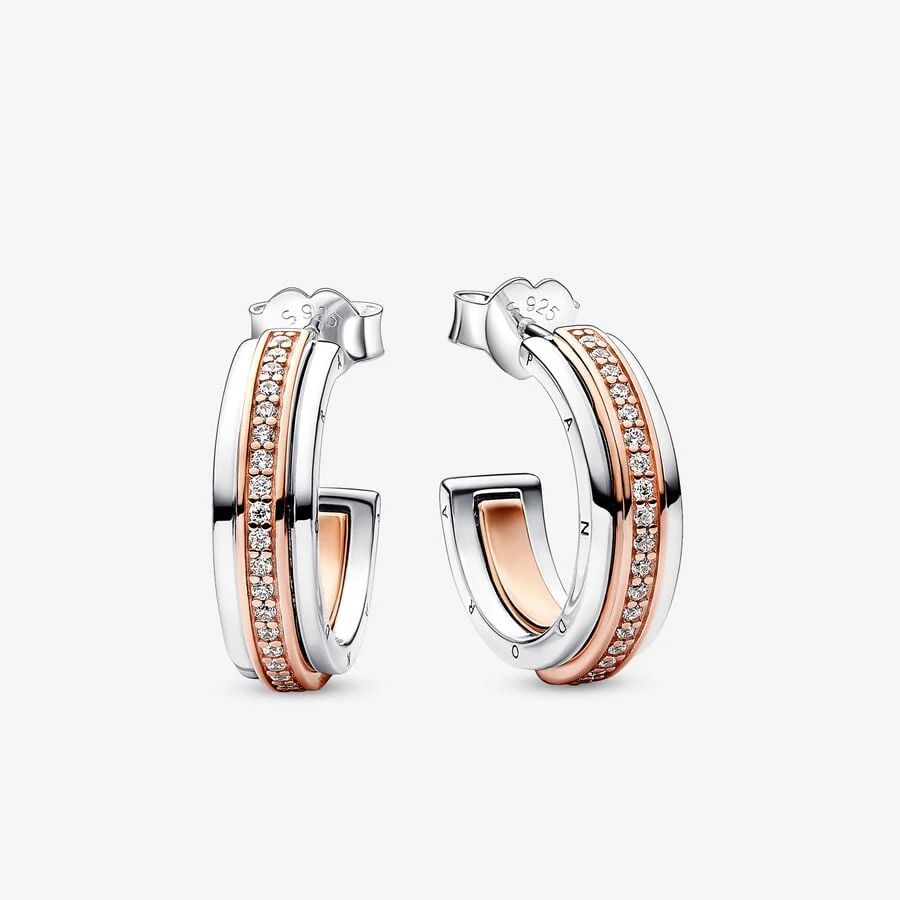 Pandora Two tone Logo & Pavé Hoop Earrings