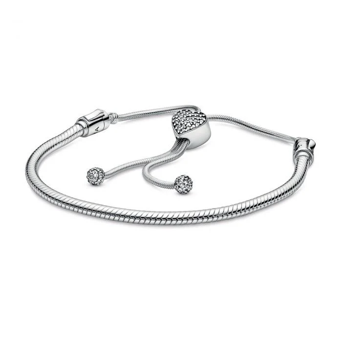 Pandora Moment Pave Heart Clasp Snake Chain Slider Bracelet